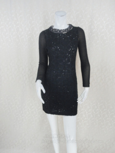 棉毛线镂空绣花亮片装 圆领长袖 饰女春秋连衣裙LA127 fon专柜正品