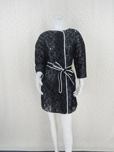 落肩袖 清仓 断码 女春秋黑白配欧根纱绣花腰带外套披肩FB609 fon