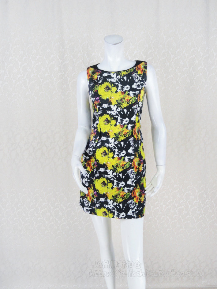 C*fon 专柜正品 印花格纹提花无袖修身显瘦女春秋棉质连衣裙LD193