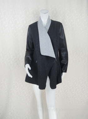 蕾DOW 正品清仓 女春秋羊皮拼针织毛呢黑色不规则外套L4AC11024