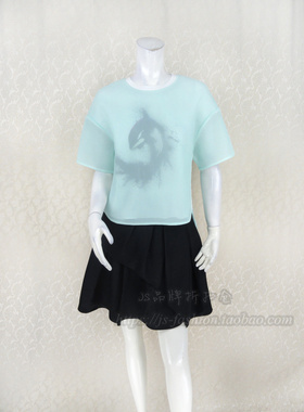 新!Double*爱 立体复合纱网印花圆领短袖女春夏针织衫上衣T5114A