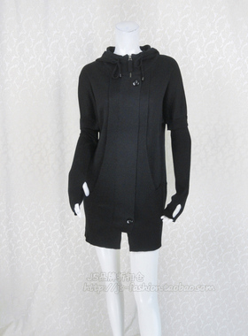 蕾DOW 正品 连帽黑色女春秋中长两用袖拉链羊毛针织长外套26016