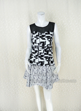 新!Double*爱 格子提花纱网拼接印花针织衫女夏无袖上衣A5201A