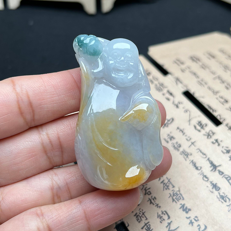 缅甸A货翡翠冰糯黄翡翠笑佛吊坠