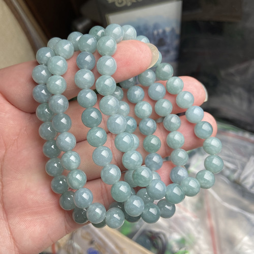 隆慈缘原矿翡翠源头A货8mm冰糯种蓝水手串浅绿单圈圆珠手链