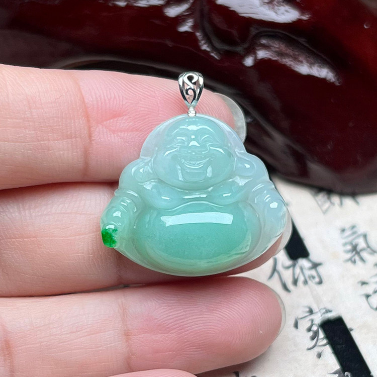 隆慈缘A货翡翠18K金笑佛吊坠