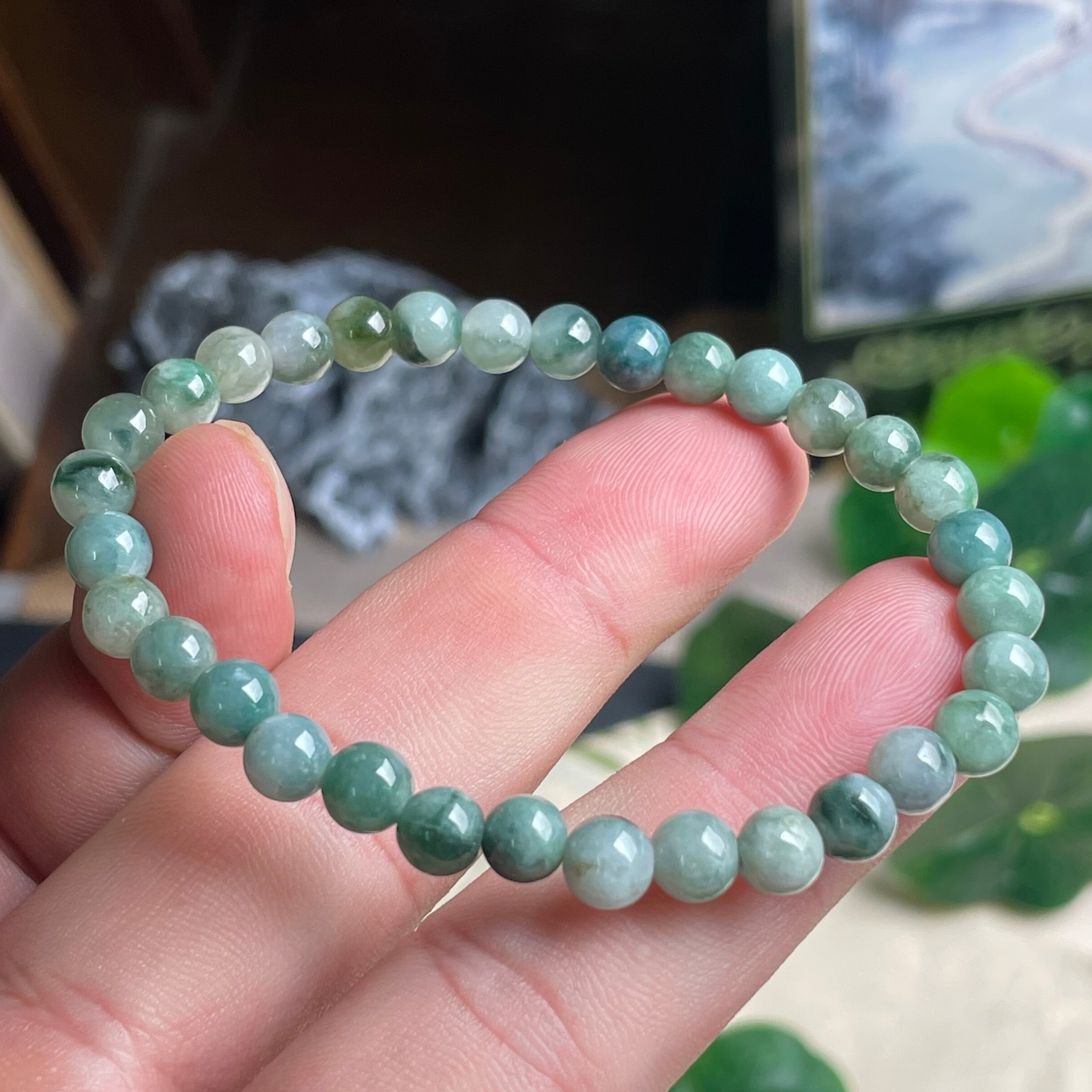 隆慈缘原矿翡翠源头直发A货6mm细糯飘花手链翡翠单圈圆珠手串