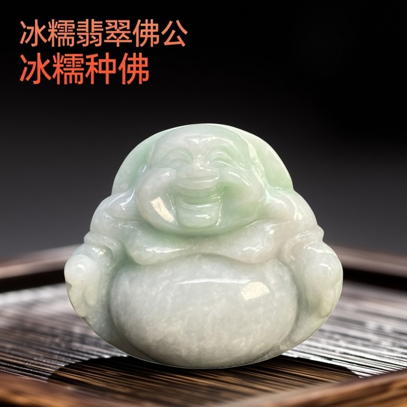 隆慈缘原矿翡翠源头A货冰糯种淡绿佛公吊坠笑面弥勒玉佛挂件