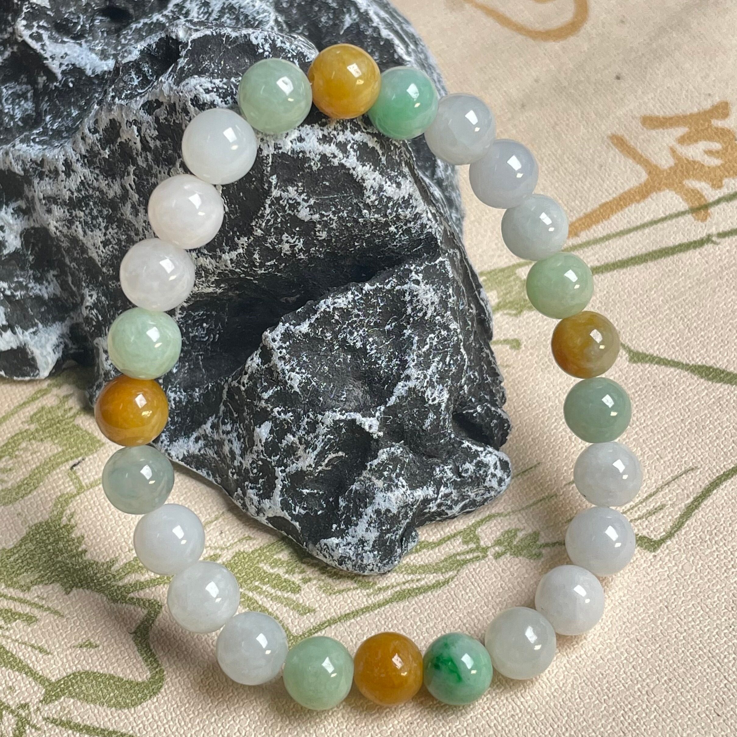 隆慈缘原矿翡翠A货8mm冰糯种三彩手串男女款单圈圆珠手串玉石手链