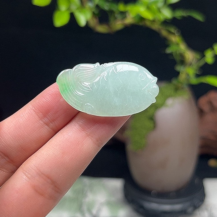 H天然缅甸翡翠鱼儿项坠A货冰透飘绿玉石玉坠年年有余吊坠招财挂件