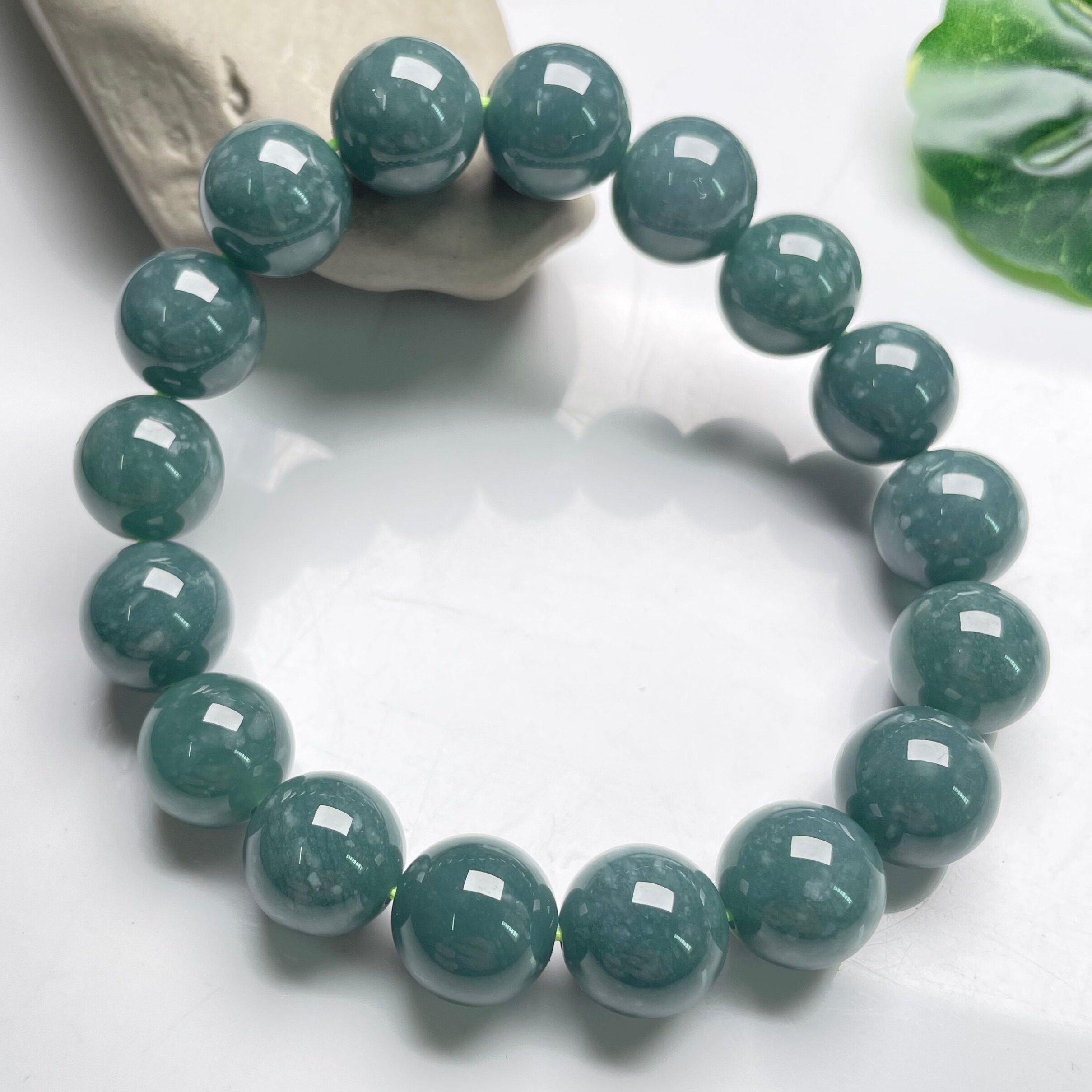 隆慈缘原矿翡翠A货13mm冰糯油绿蓝水手串大尺寸圆珠手串玉石手链