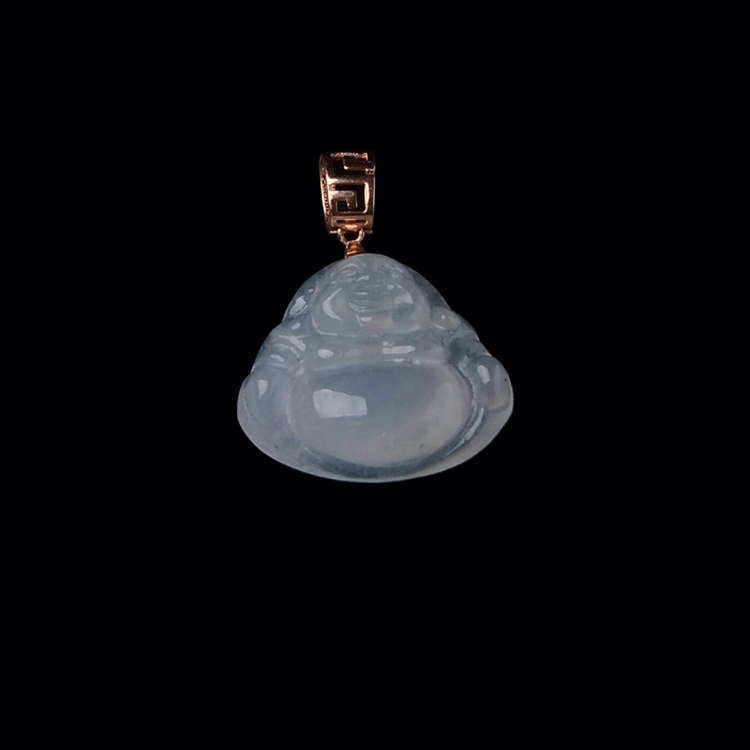 隆慈缘玉器冰种玉佛镶嵌18K金扣吊坠缅甸保真老坑A货笑佛项坠包邮