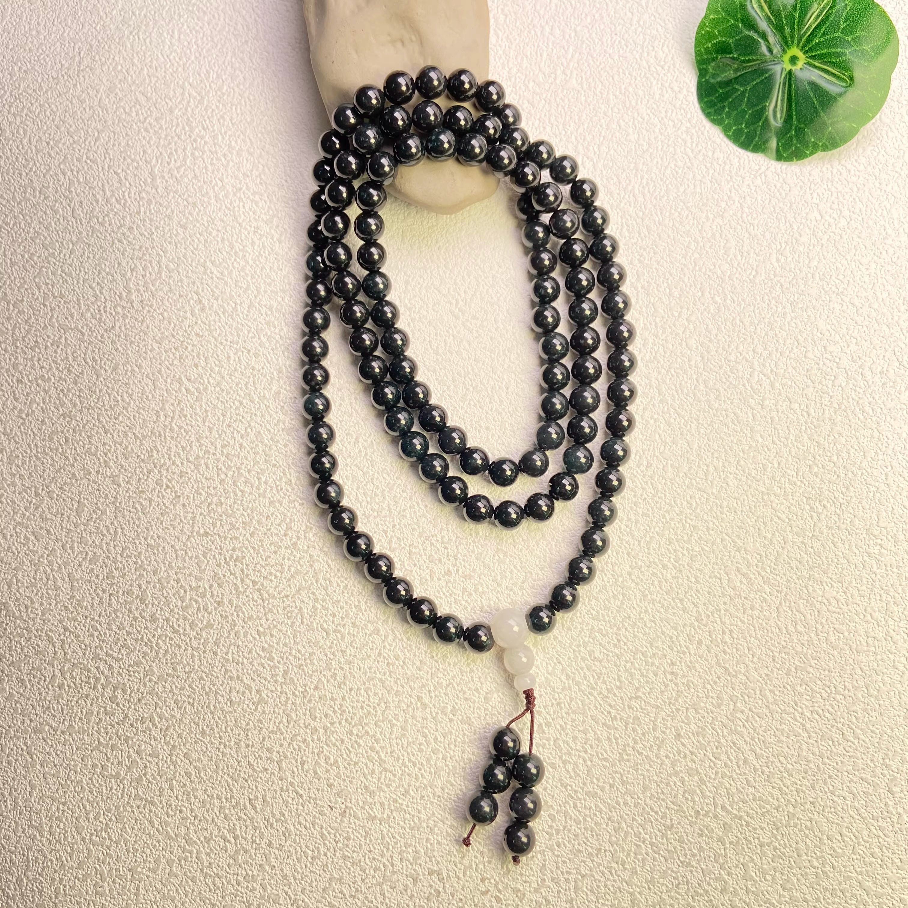 隆慈缘原矿翡翠源头A货8mm冰糯种深黑乌鸡挂链108颗佛珠多圈手链