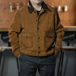 男士复古手工擦色拼接德普大叔皮夹克翻领反绒黄牛皮皮衣经典春秋