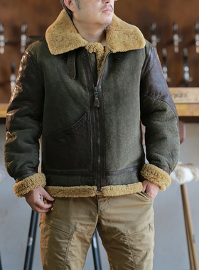 帅气复古休闲复刻RLB3皮毛一体飞行服皮衣男磨毛配马兜加厚