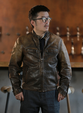 美式男士复古擦色牛皮做旧双R卡其色J100机车皮衣