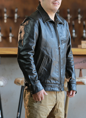 2022新品复古日系穆赫兰道头层马皮皮衣男翻领轻蜡染树膏夹克