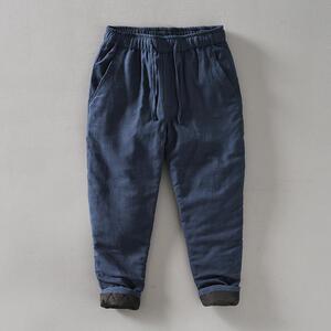 秋冬复古休闲男裤直筒松紧腰保暖加厚苎麻抽绳长裤男士棉麻裤青年