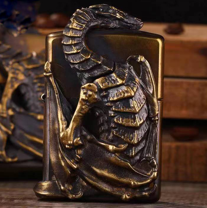 ZIPPO煤油防风打火机神龙史矛革巨龙纯铜盔甲复古怀旧收藏芝宝