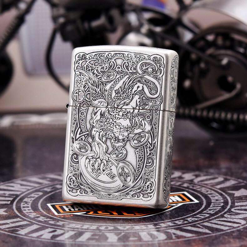 zippo打火机正版仿古银款限量原装美国收藏级招财貔貅招财进宝