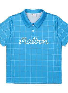 代购MALBON GOLF女士POLO衫透气轻便休闲舒适蓝色格纹图案短袖