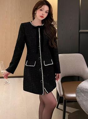 韩版ulzzang秋季新款法式气质时尚小香风圆领撞色蝴蝶结连衣裙女