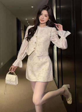 韩版ulzzang早春新款法式气质时尚小香风V领马甲衬衫+半身裙套装