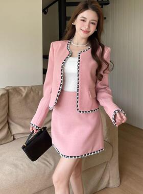 韩版ulzzang早春新款法式气质时尚小香风圆领撞色外套+半身裙套装