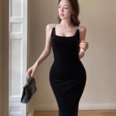 韩版 方领丝绒收腰显瘦吊带连衣裙女 气质时尚 ulzzang早春新款 法式