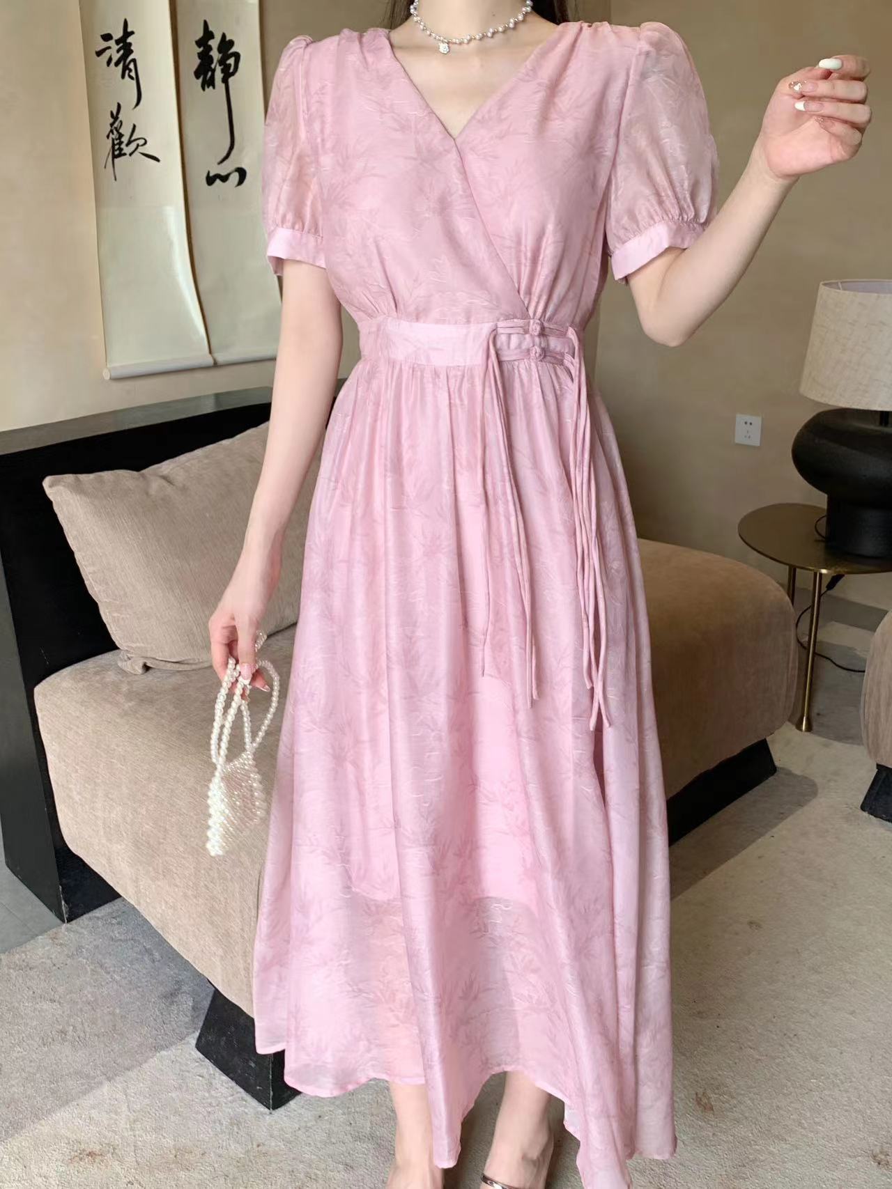 韩版ulzzang夏季新款法式气质时尚V领高腰显瘦流苏雪纺碎花连衣裙