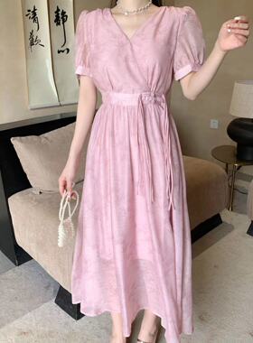 韩版ulzzang夏季新款法式气质时尚V领高腰显瘦流苏雪纺碎花连衣裙