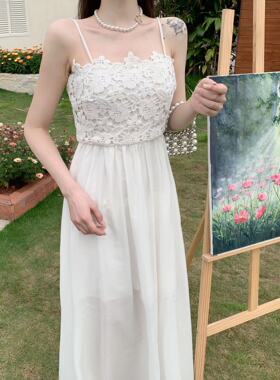 韩国ulzzang夏季新款法式气质时尚一字领露肩高腰刺绣吊带连衣裙