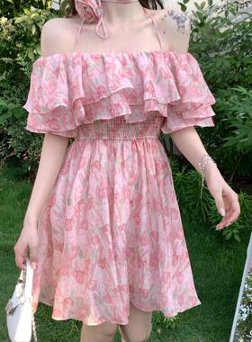 韩国ulzzang夏季新款法式气质时尚一字领高腰褶皱性感吊带连衣裙