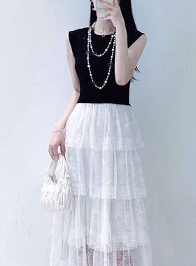 韩版ulzzang夏季新款法式气质时尚圆领针织拼接网纱蛋糕连衣裙女