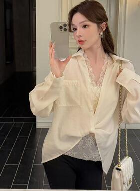 韩版ulzzang早春新款法式气质时尚小香风V领单排扣拼接蕾丝上衣女