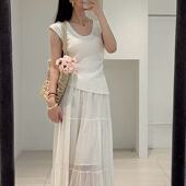 ulzzang夏季 圆领针织上衣 新款 韩版 法式 气质时尚 网纱半身裙套装 女