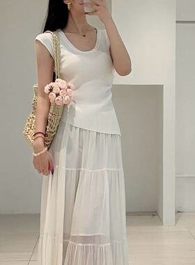 韩版ulzzang夏季新款法式气质时尚圆领针织上衣+网纱半身裙套装女