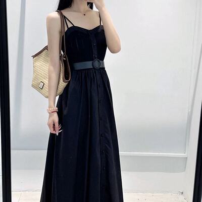 一字领露肩高腰系带吊带连衣裙