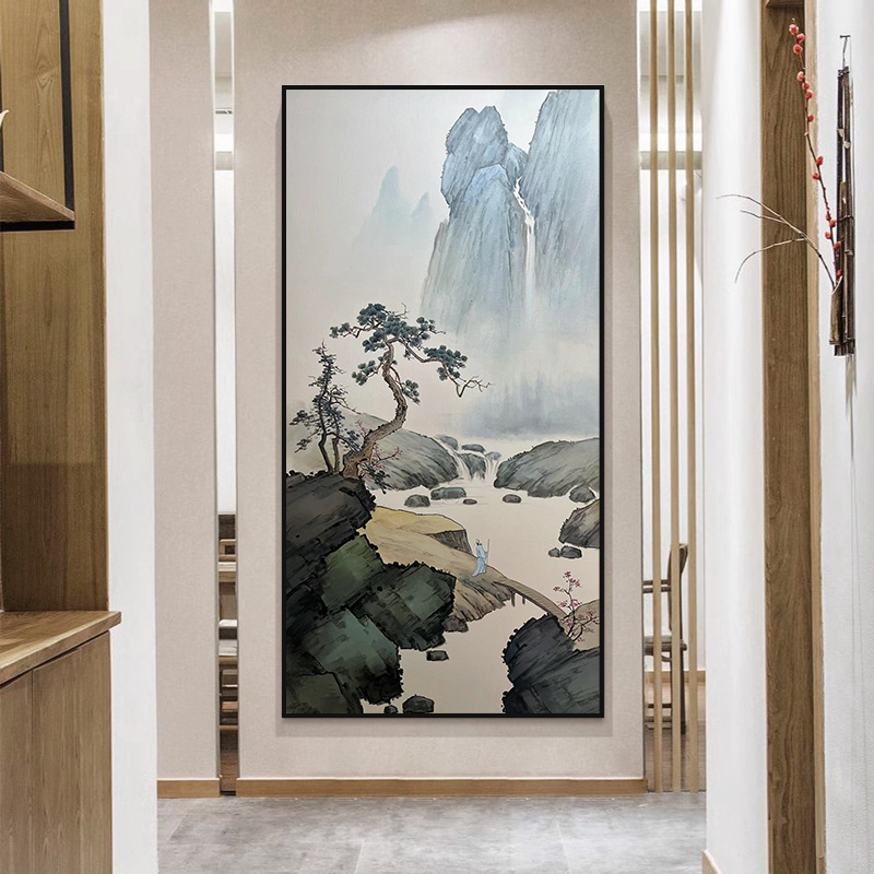 玄关纯手绘油画新中式装饰画古风人物山水风景画客厅走廊过道挂画图片