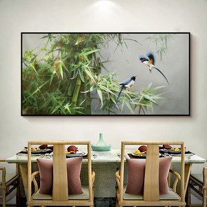 竹纯挂手绘油竹报平安喜鹊枝头GQI画鸟新中式客厅茶室子竹林装饰