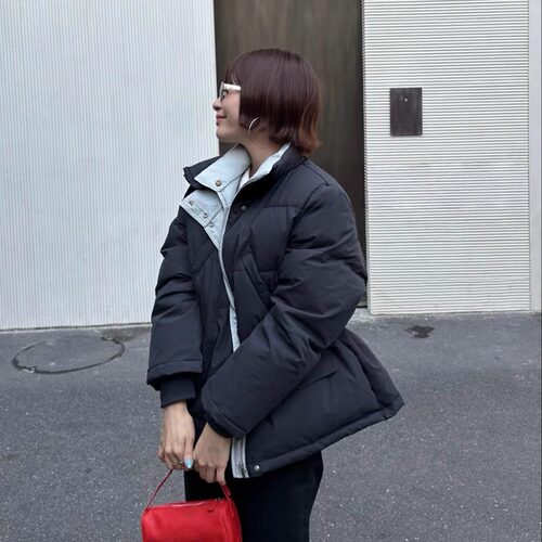 时髦拼色收腰显瘦立领羽绒服