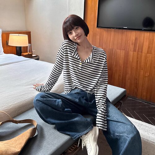 经典宽松百搭亚麻混纺亨利条纹衫
