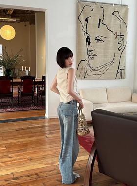 现货秒发 春夏新品 浅蓝色刺绣高腰水洗显瘦直筒牛仔裤