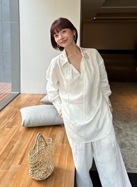 Monkey Studio 亚麻松弛感重工钉珠刺绣薄款休闲宽松长袖防晒衬衣