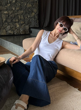 现货秒发 新宠神裤 深蓝色显腿长高腰显瘦宽松阔腿牛仔裤