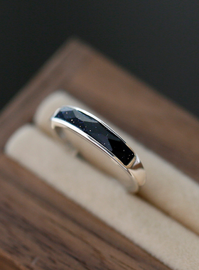 925纯银刻面蓝砂石简约指环戒指