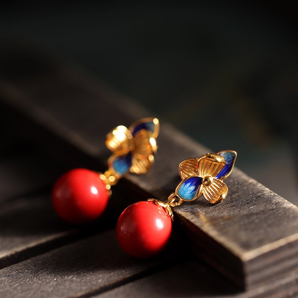 【花团】S925纯银镀金手工镶圆珠朱砂花朵轻奢感国风百搭耳饰耳钉