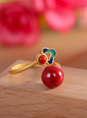 S925纯银镀金再造辰砂珐琅戒指