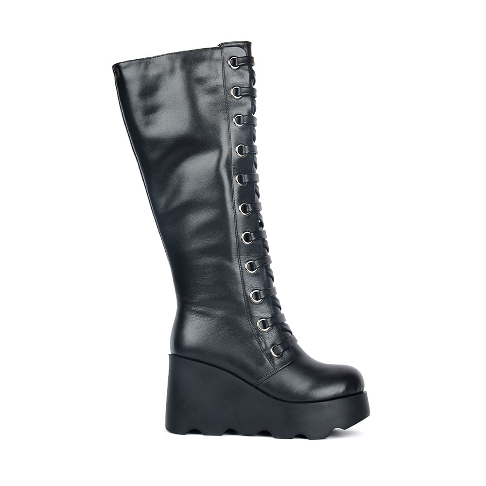 秋冬季新品高筒女鞋 圆头骑士靴头层牛皮高跟绑带侧拉链纯色长靴