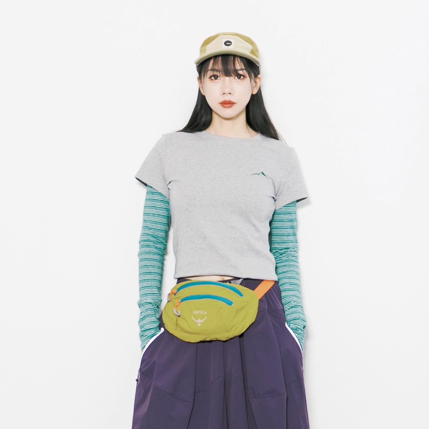 Eagle Vogue户外撞色条纹拼接假两件修身显瘦运动长袖T恤女